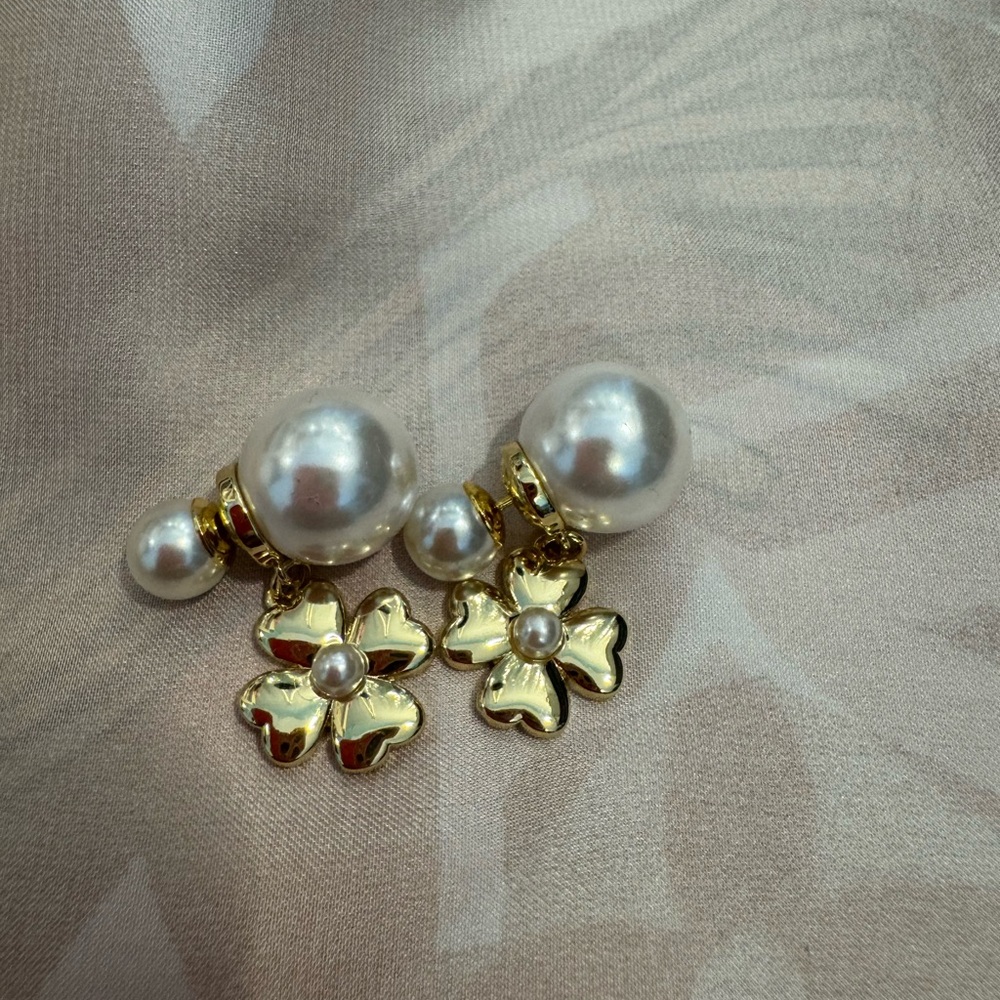 Dior Elegant Gold and Pearl Flower Earrings